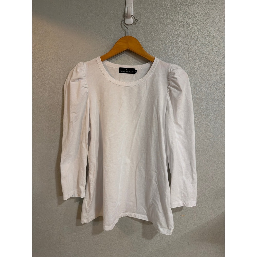 Pomander Place Puff Shoulder Top Women XL‎ White Long Sleeve Cotton Spring